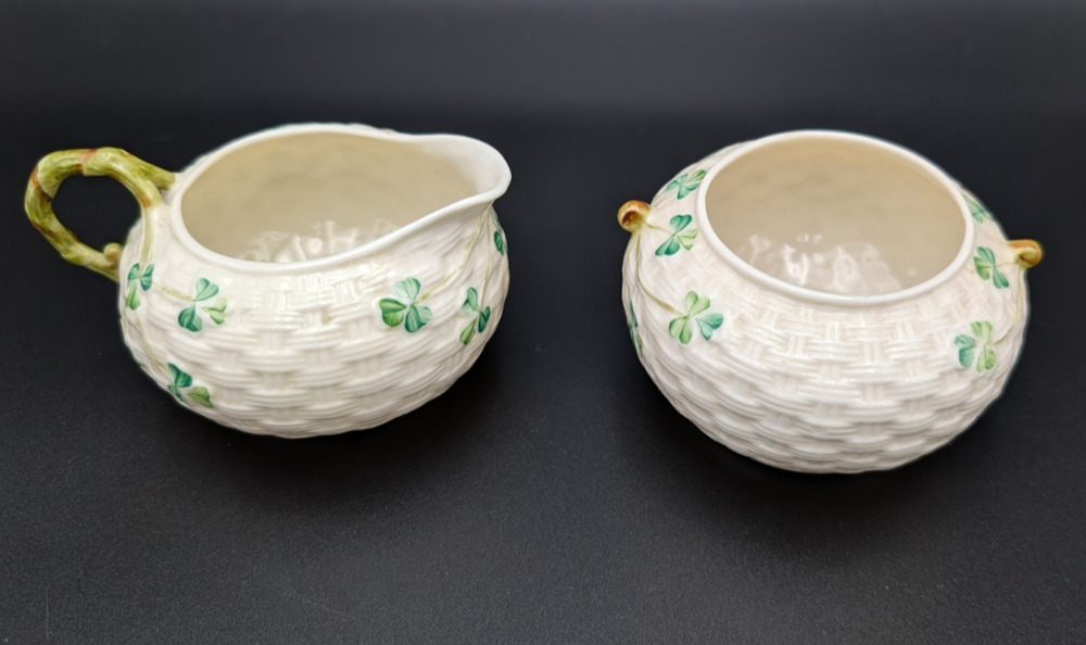 Belleek Shamrock Sugar Bowl And Creamer Green Stamp 1965-1980 Basketweave